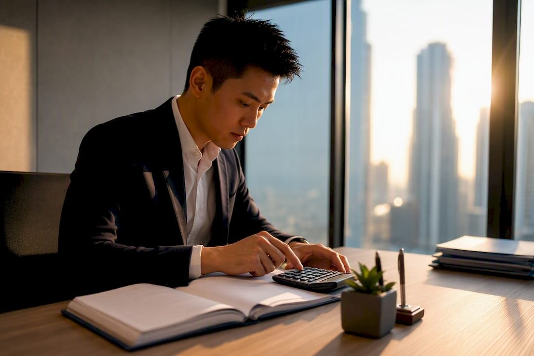 Business person using calculator in Singapore office
