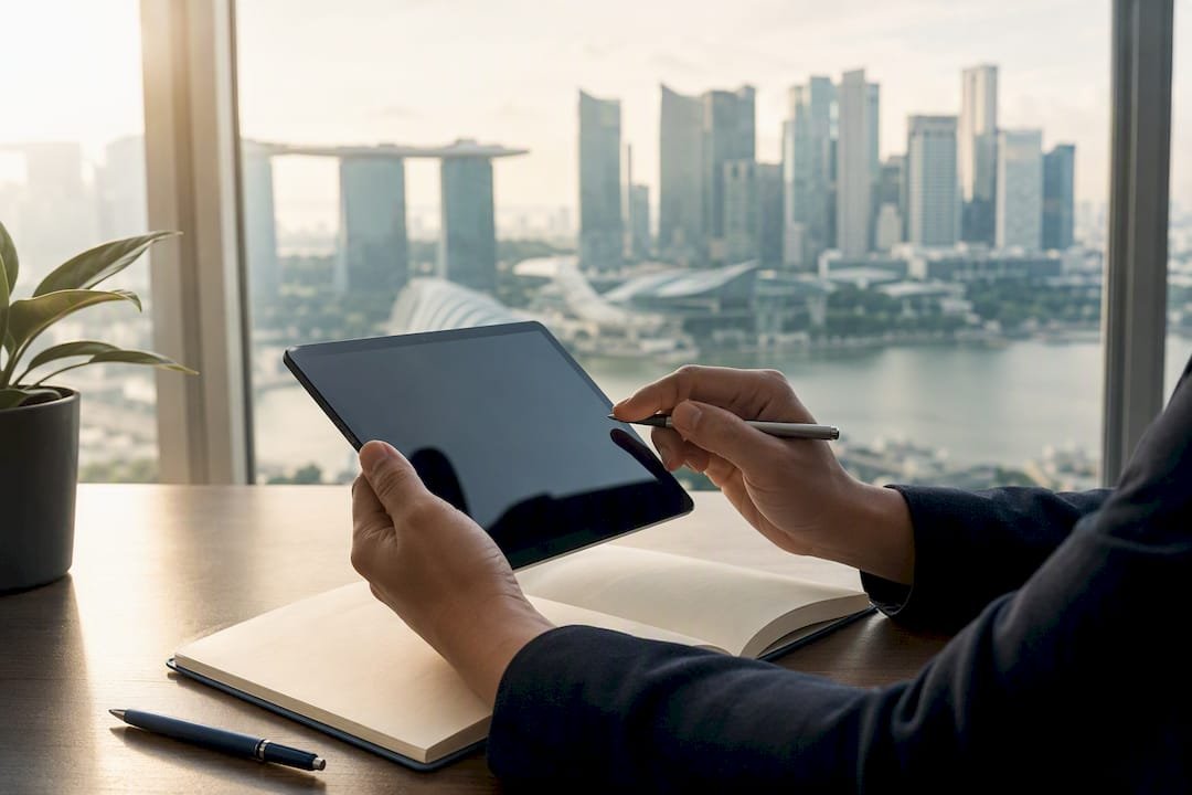 Hands reviewing compliance checklist in Singapore office
