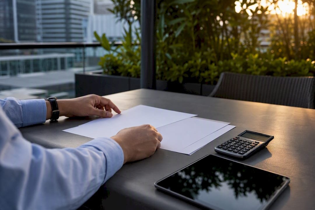 Hands arranging bank statements for quarterly review in Singapore office